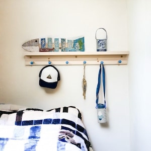 Shelf with hooks and ledge | Shelf for kids room | Playroom decor | Wooden peg rail | coat rack | nursery decor | colorful | shaker peg