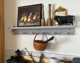 Shelf with hooks and ledge | shelf for pictures | Kitchen decor | Wooden peg rail | coat rack | entryway decor | minimalist | shaker peg