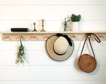 Shelf with hooks | towel rack | Kitchen decor | Wooden peg rail | wooden peg rack | coat rack | entryway decor | minimalist | shaker peg