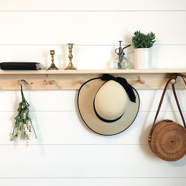 Shelf with hooks | towel rack | Kitchen decor | Wooden peg rail | wooden peg rack | coat rack | entryway decor | minimalist | shaker peg