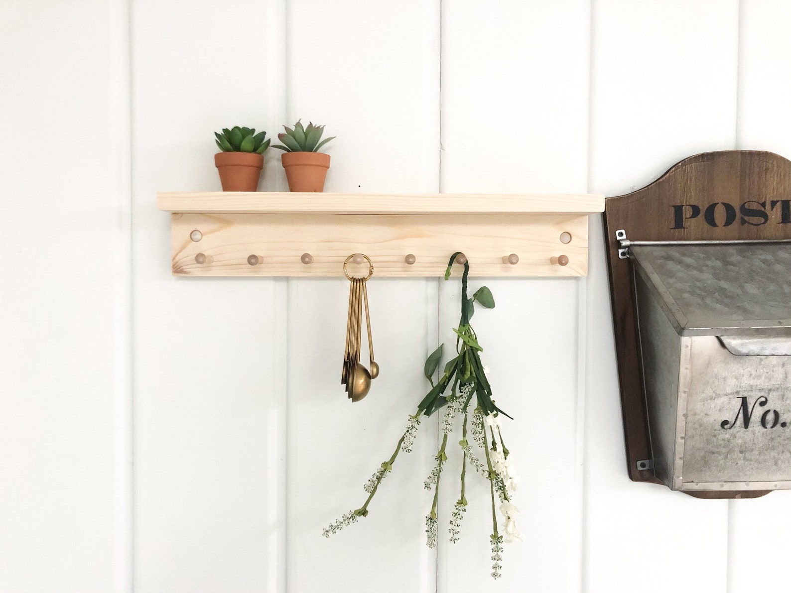 Shelf With Hooks Key Ring Rack Kitchen Decor Wooden Peg Etsy