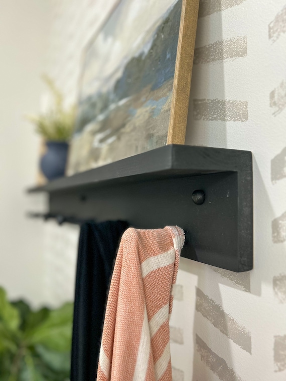 Shelf With Hooks Towel Rack Kitchen Decor Wooden Peg Rail Wooden