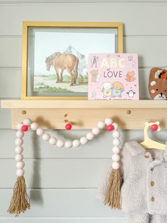Shelf with hooks and ledge Shelf for kids room Playroom decor Wooden  peg rail coat rack nursery decor colorful shaker peg