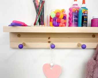 Shelf with hooks and ledge | Shelf for kids room | Playroom decor | Wooden peg rail | coat rack | nursery decor | colorful | shaker peg