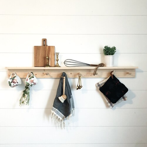 Shelf With Hooks Towel Rack Kitchen Decor Wooden Peg Shelf With Hooks Towel Rack Kitchen, Small Wooden Peg Coat Rack