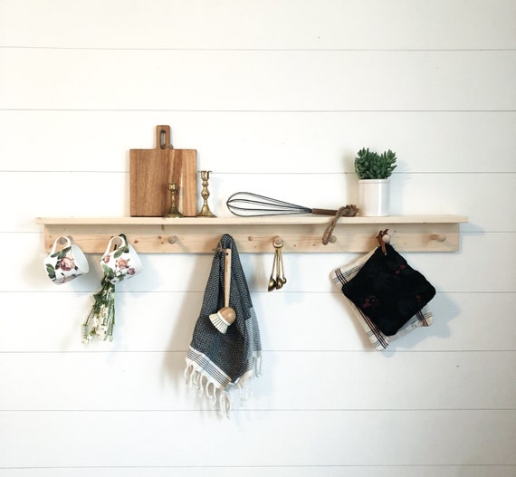 Shelf with hooks | towel rack | Kitchen decor | Wooden peg rail | wooden  peg rack | coat hanger | entryway decor | minimalist | hook rack