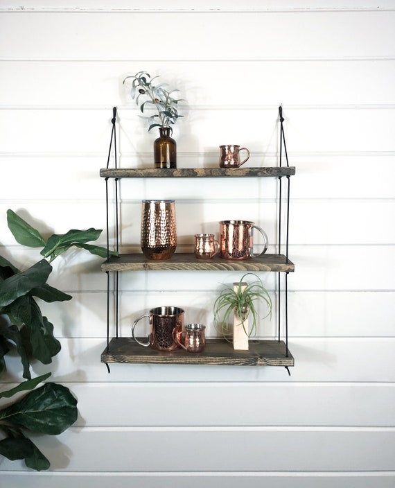 Hanging wood 2024 shelves with rope