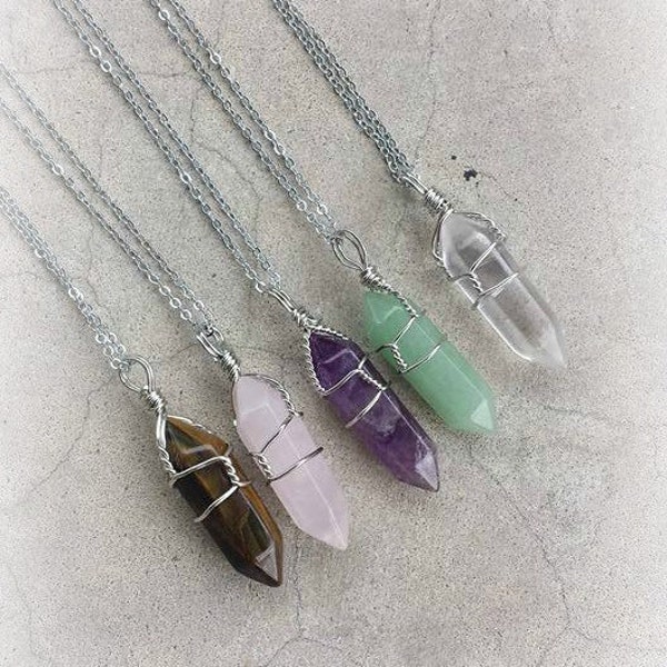 Crystal Point Necklace, Amethyst Crystal, Rose Quartz Crystal, Tiger Eye Crystal, Aventurine Crystal, Crystal Necklace, Witch Jewelry, Wicca