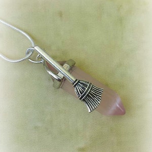 Pink Cats Eye Necklace, Sterling Silver, Broom Necklace, Crystal Point, Healing Crystals, Witch Jewelry, Crystal Jewelry, Wicca