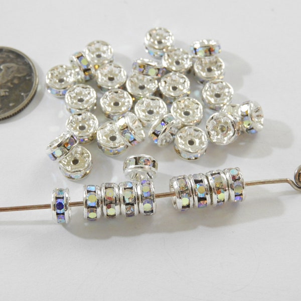 Crystal AB Sterling Silver Plated (6mm) Swarovski Rondelle Spacer Beads