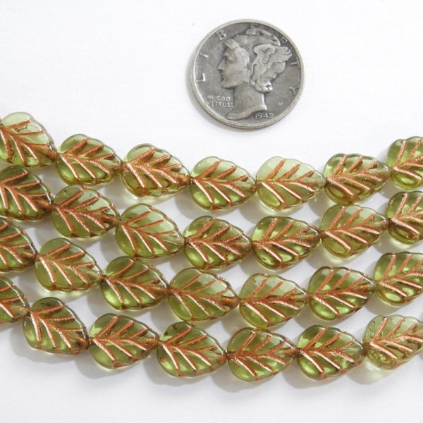 Peridot with Copper Wash (10x8mm) Czech Glass Leaf Beads