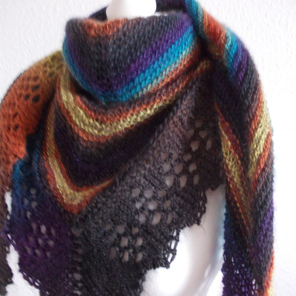 Light triangular scarf made from a virgin wool blend - olive/rust/plum