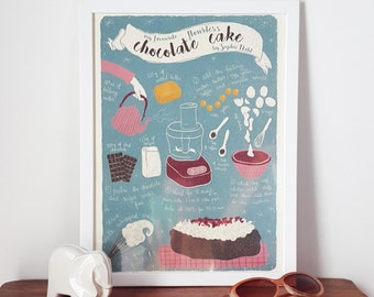 Flourless chocolate cake | Illustrated recipe art print | Illustrated food | Kitchen art