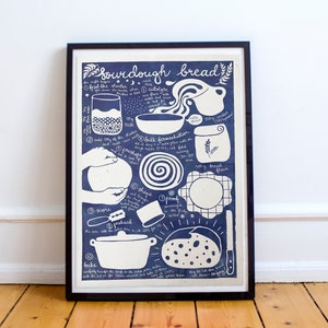 Sourdough bread Illustrated recipe art print Illustrated food Kitchen art Blue