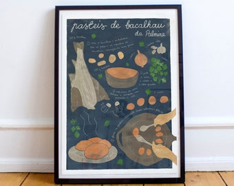 Pasteis de bacalhau | Illustrated recipe art print | Illustrated food | Kitchen art