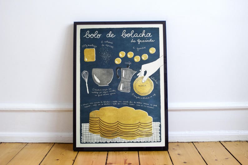 Bolo de bolacha Illustrated recipe art print Illustrated food Kitchen art image 1