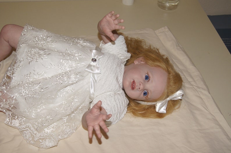 Reborn Toddler Baby Dolls Fritzi by Karola Wegerich Long Strawberry Blond Curl Human Hair Blue Eye image 7