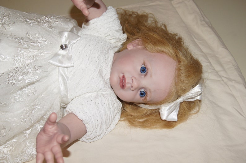Reborn Toddler Baby Dolls Fritzi by Karola Wegerich Long Strawberry Blond Curl Human Hair Blue Eye image 9