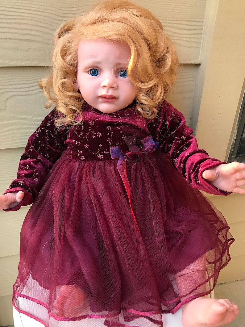 Reborn Toddler Baby Dolls Fritzi by Karola Wegerich Long Strawberry Blond Curl Human Hair Blue Eye image 2