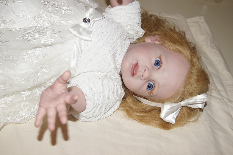 Reborn Toddler Baby Dolls Fritzi by Karola Wegerich Long Strawberry Blond Curl Human Hair Blue Eye image 8