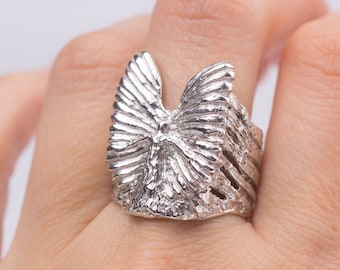 Sterling Silver Angel Wings Ring: Hand-Carved Spiritual Jewelry