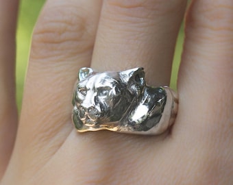 Cougar ring, Animal sterling silver ring, Totem animal ring, Sculpted ring, Silver cat ring, Mountain lion jewelry, Man silver ring