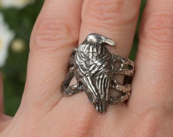 Crow ring Silver Woodland Jewelry Mystical Totem Ring Animal Ring Pagan Ring Raven Branch Ring Magical Bird Band Witch Raven Jewelry