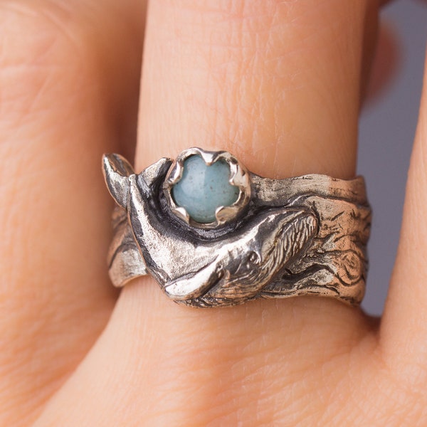 Walvis ring Sterling zilveren Amazoniet ring, zee dieren ring, oceaan ring, bultrug, verklaring Oceaan sieraden cadeau, nautische ring
