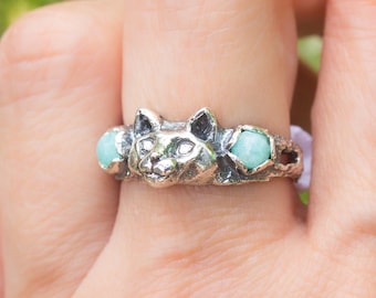 Cat Face Ring Silver Nature Inspired Cat Jewelry Witchy Animal Ring Amazonite Gemstone Cat Personalized Cat Lovers Gift Whimsical Cat