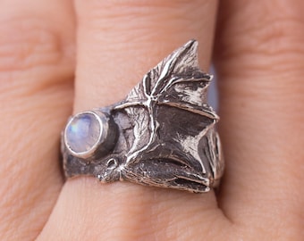 Bat silver ring, Moonstone sterling silver ring, Occult jewelry, Moon silver ring, Gothic bat, Flying bat ring, Witch silver ring