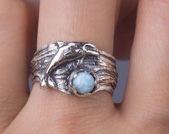 Dolphin silver ring Larimar ocean ring Dolphin jewelry Sea animal ring Nautical ring Wide silver textured band