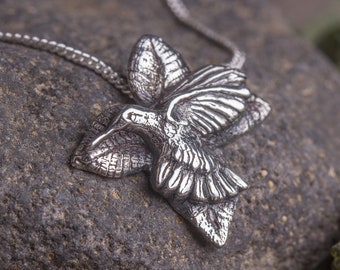 Hummingbird silver pendant, Sterling silver bird necklace, Silver artisan pendant, Nature lover jewelry