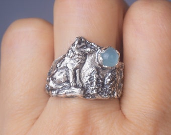 Wolf Ring Sterling Silver, Aquamarine Wolf Ring, Forest Animal Ring, Artistic Sculptural Ring, Natural Texture Ring, Rustic Wide Silver Band