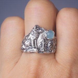 Wolf Ring Sterling Silver, Aquamarine Wolf Ring, Forest Animal Ring, Artistic Sculptural Ring, Natural Texture Ring, Rustic Wide Silver Band