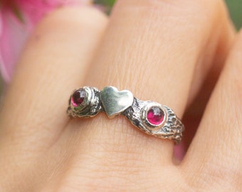 Cute heart ring, Love symbol silver ring, Witchy Valentine ring, Branch promise ring, Lifelong heart ring, Garnet twig ring