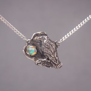 Raven pendant with opal, Sterling silver bird necklace, Crow pendant necklace, Poe Jewelry, Black Bird Pendant
