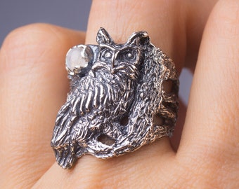 Owl Ring Silver Bird ring Moonstone witch Ring Statement Heavy Silver Ring Owl Lovers Gift Tree Ring