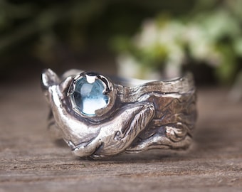 Whale Ring, Sterling Silver Topaz Ring, Sea Animals ring, Ocean ring, Humpback Whale, Whale Watching Gift, Nautical Ring