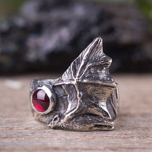 Bat Ring Sterling Silver, Witch Gemstone Ring, Bat Wing Ring, Witch Ring Men, Occult Silver Jewelry, Gothic Garnet Ring, Animal Nature Ring