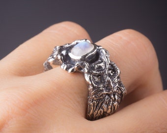 Sterling silver owls ring, Men witch ring, Massive silver ring, Moonstone signet ring, Heavy signet ring, Forest bird ring