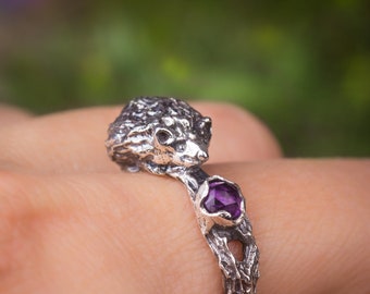 Hedgehog ring, Sterling silver amethyst ring, Cute hedgehog gifts, Small animal ring
