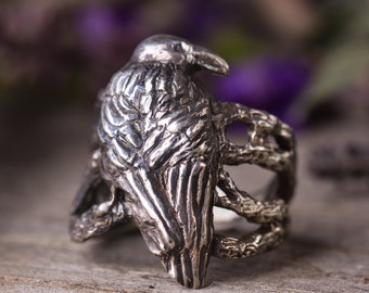 Crow ring Sterling Silver bird ring Witch ring Woodland animal ring Pagan ring Nature handcrafted ring Twig ring Raven ring Totem ring