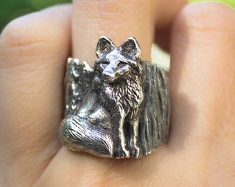 Fox silver Ring, Silver Woodland Jewelry, Men large silver ring, Animal silver Ring, hand crafted