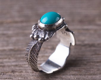 Turquoise sterling silver ring, Thunderbird ring, Feather silver ring, Southwestern Style ring Tribal bird ring