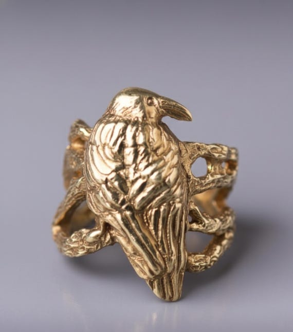 Crow ring Gold bird ring Witch ring Woodland animal ring Pagan ring Nature handcrafted ring Twig ring Raven ring Totem ring