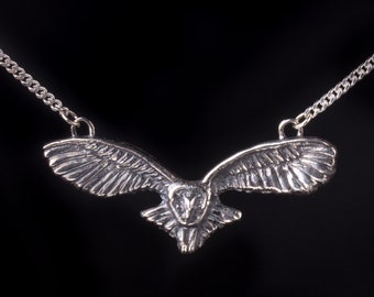Owl Silver Necklace, Sterling Silver Bird Pendant, Witches Pendant, Barn Owl, Owl Totem, Flying Owl, Owl Gift Jewelry, Animal Pendant
