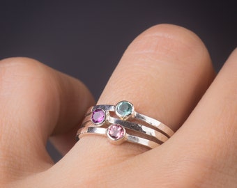 Tourmaline Stacking Rings: Sterling Silver Hammered Texture, October Birthstone