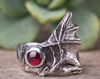 Bat Ring Sterling Silver, Witch Gemstone Ring, Bat Wing Ring, Witch Ring Men, Occult Silver Jewelry, Gothic Garnet Ring, Animal Nature Ring