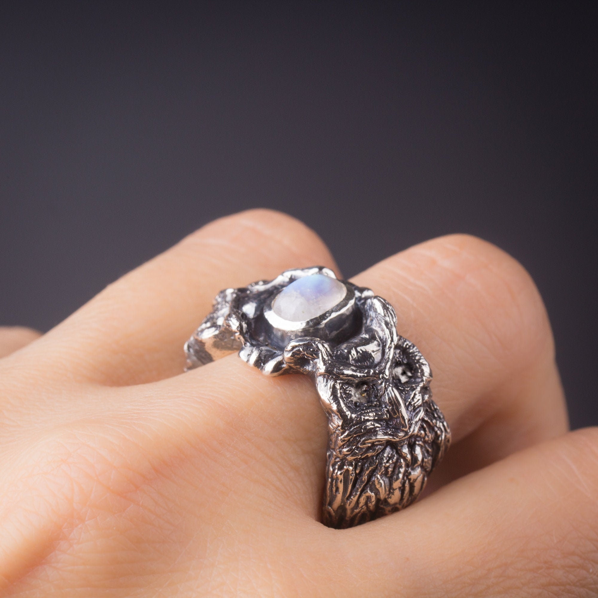 Sterling Silver Owls Signet Ring: Moonstone Forest Bird Jewelry