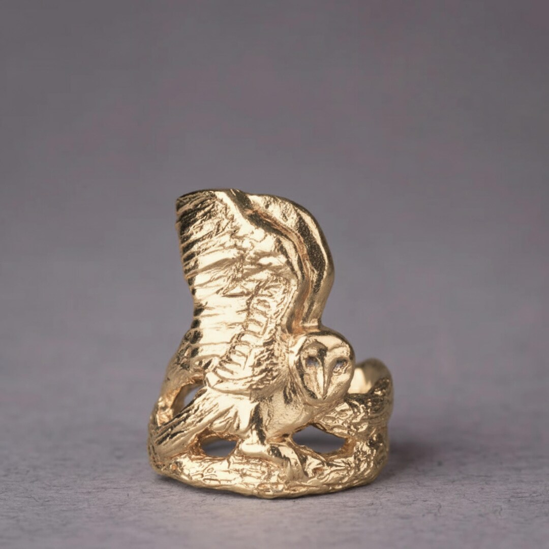 Barn Owl Ring in 14k Gold, Owl on Branch Wings Ring, Statement Witchy ...
